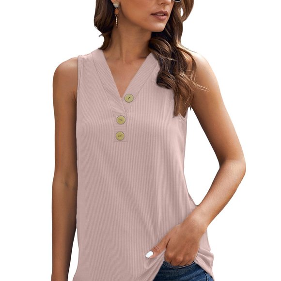 Pink Solid Color Buttons V Neck Ribbed Tank Top - Picture 5 of 5